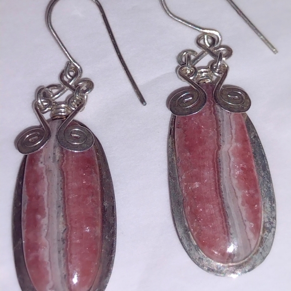 Rhodochrosite Long French Drop Earrings with Embel - Picture 1 of 5